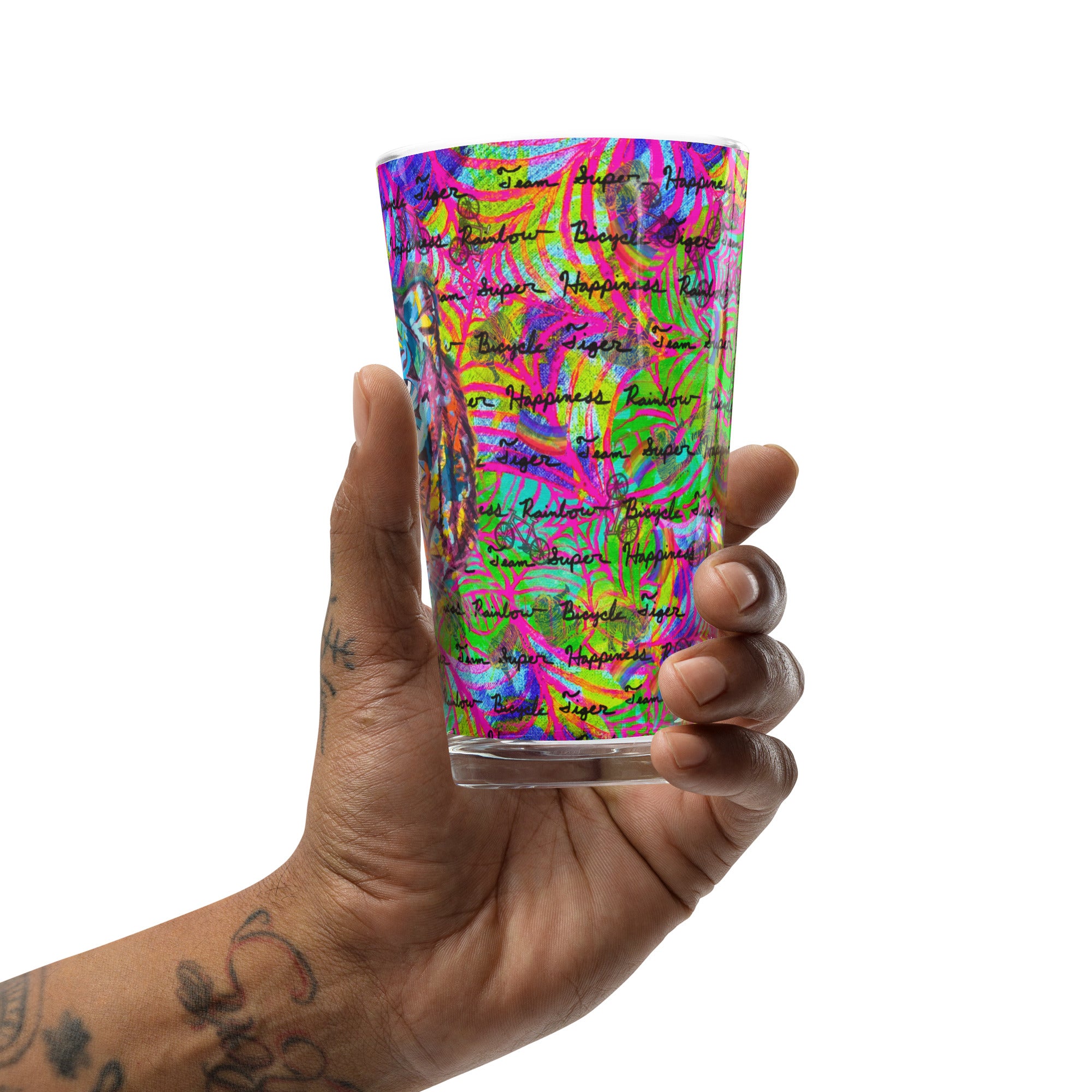 TEAM SUPER HAPPINESS RAINBOW BICYCLE TIGER Shaker pint glass
