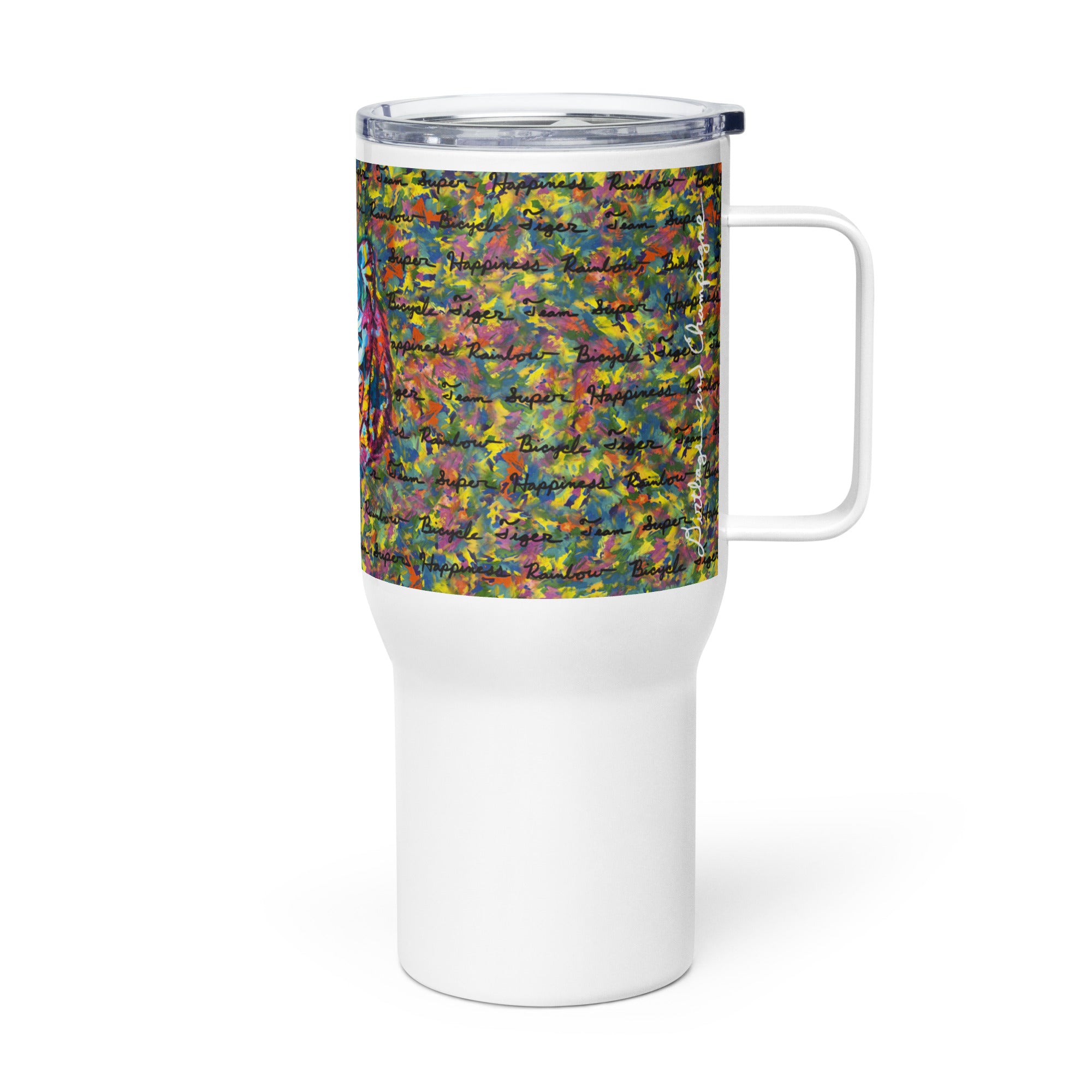 Official Team Super Happiness Rainbow Bicycle Tiger Travel mug with a handle