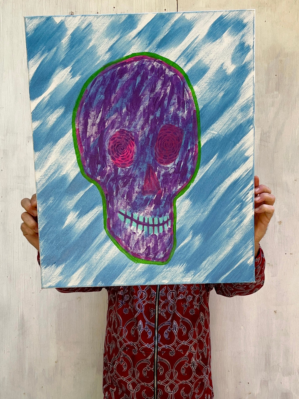 Purple skull crazy eyes 24”x20”