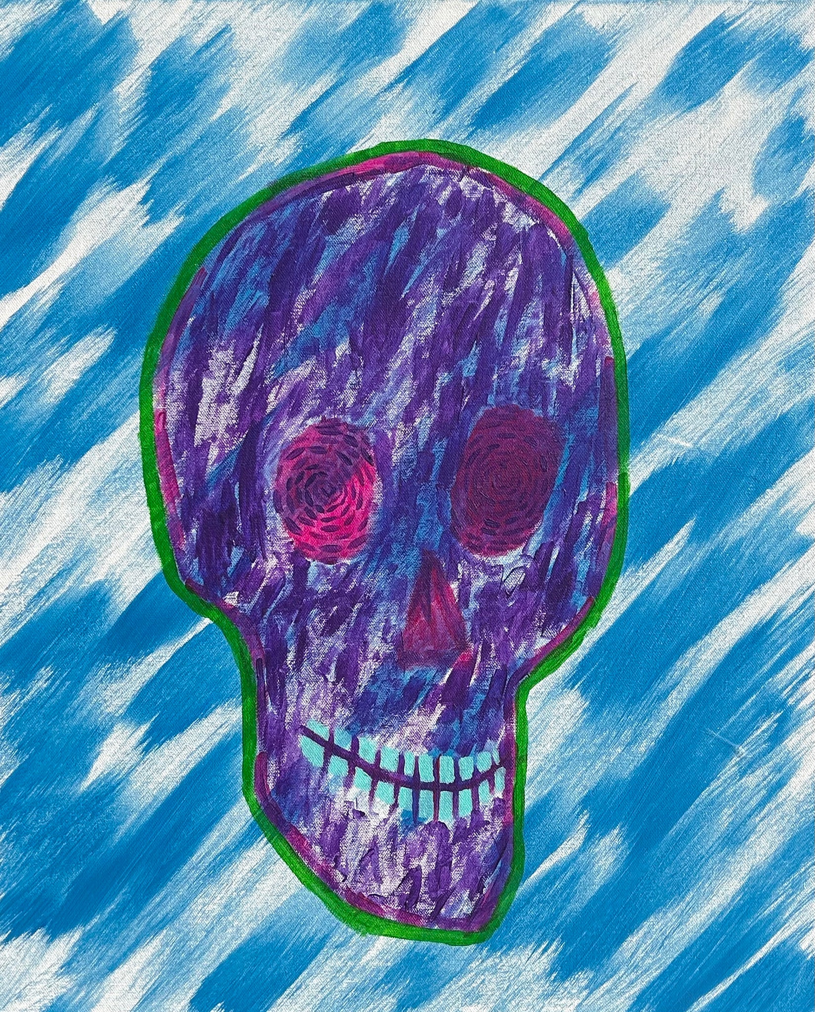 Purple skull crazy eyes 24”x20”