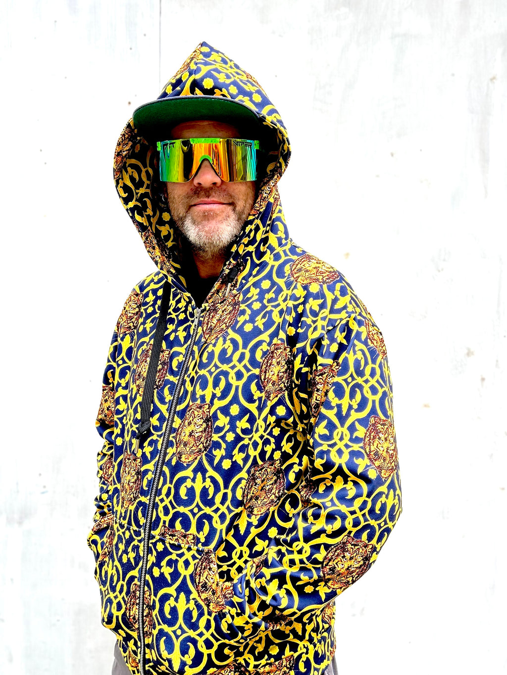 TEAM! fancy golden 6 eyed tiger with rainbow bicycle tiger in hood Unisex zip hoodie
