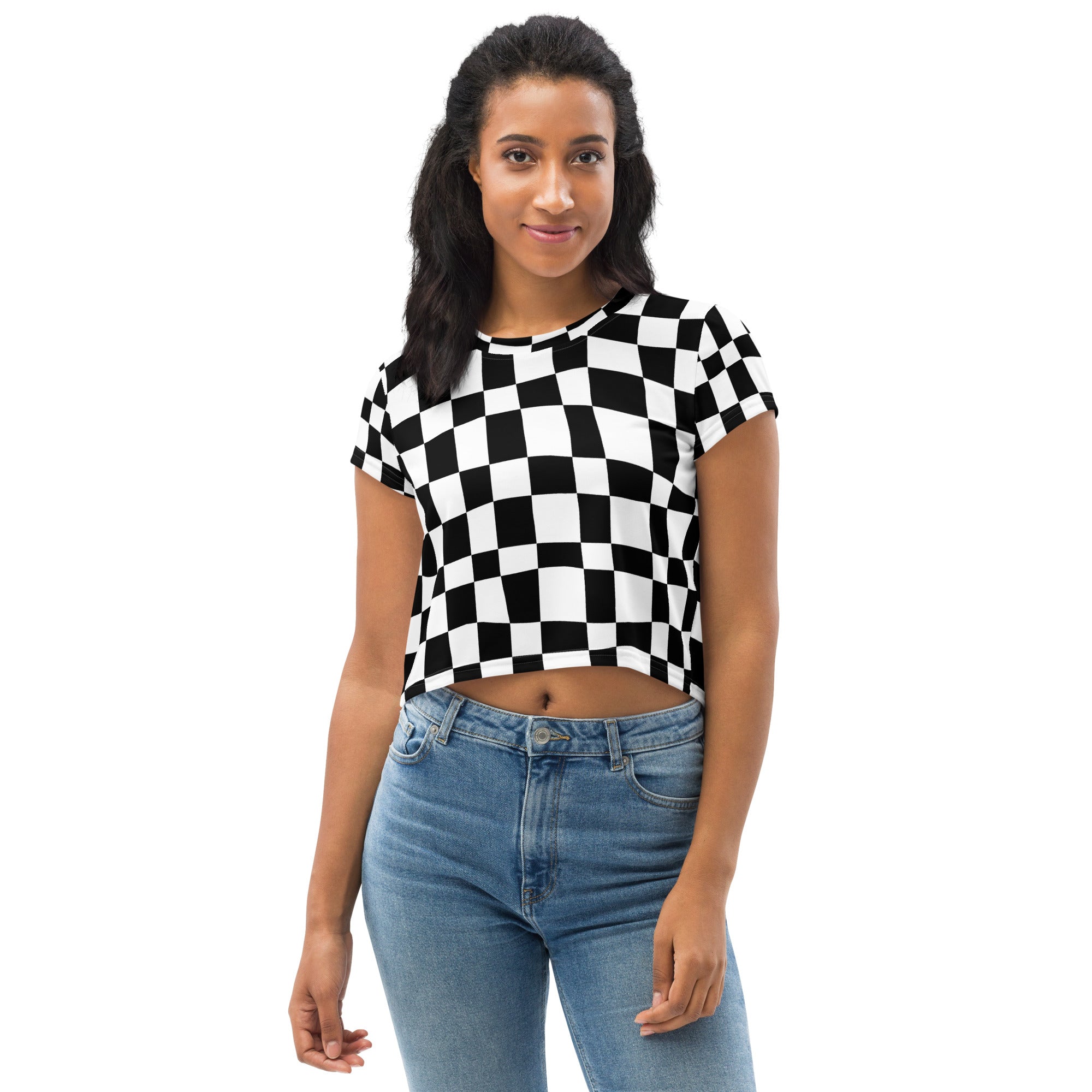 checkered black and white All-Over Print Crop Tee