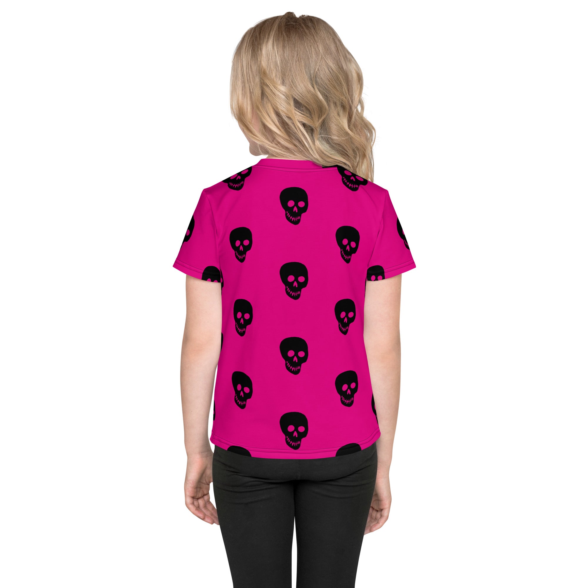 Pink! black skulls Kids crew neck t-shirt