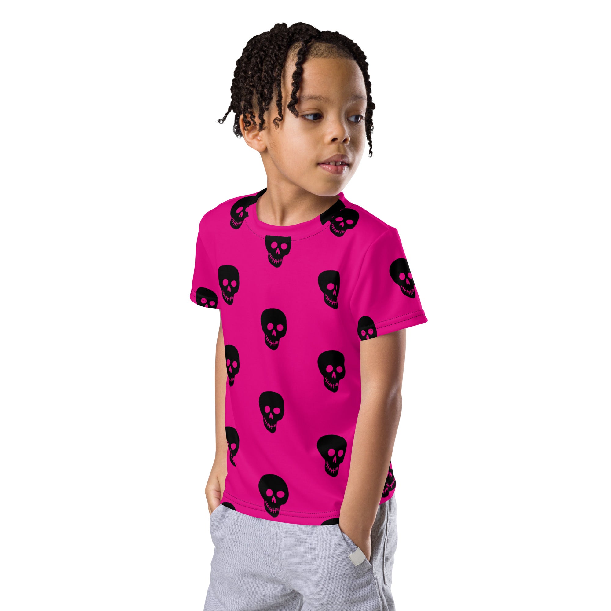 Pink! black skulls Kids crew neck t-shirt