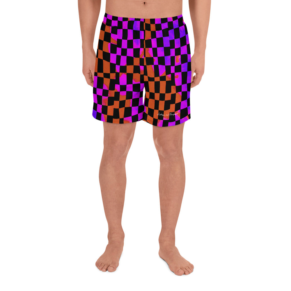 pink purple orange, black checkered Men's Recycled Athletic Shorts