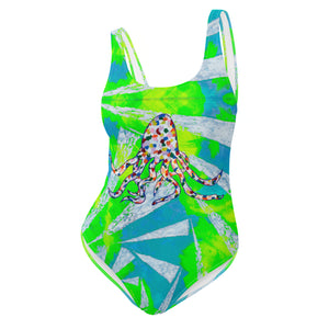 rainbow octopus on green and white spiral One-Piece Swimsuit