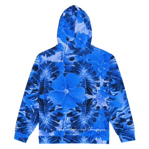 blue flower and leaves with lightning bolt in hood Unisex zip hoodie