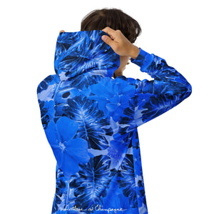 blue flower and leaves with lightning bolt in hood Unisex zip hoodie