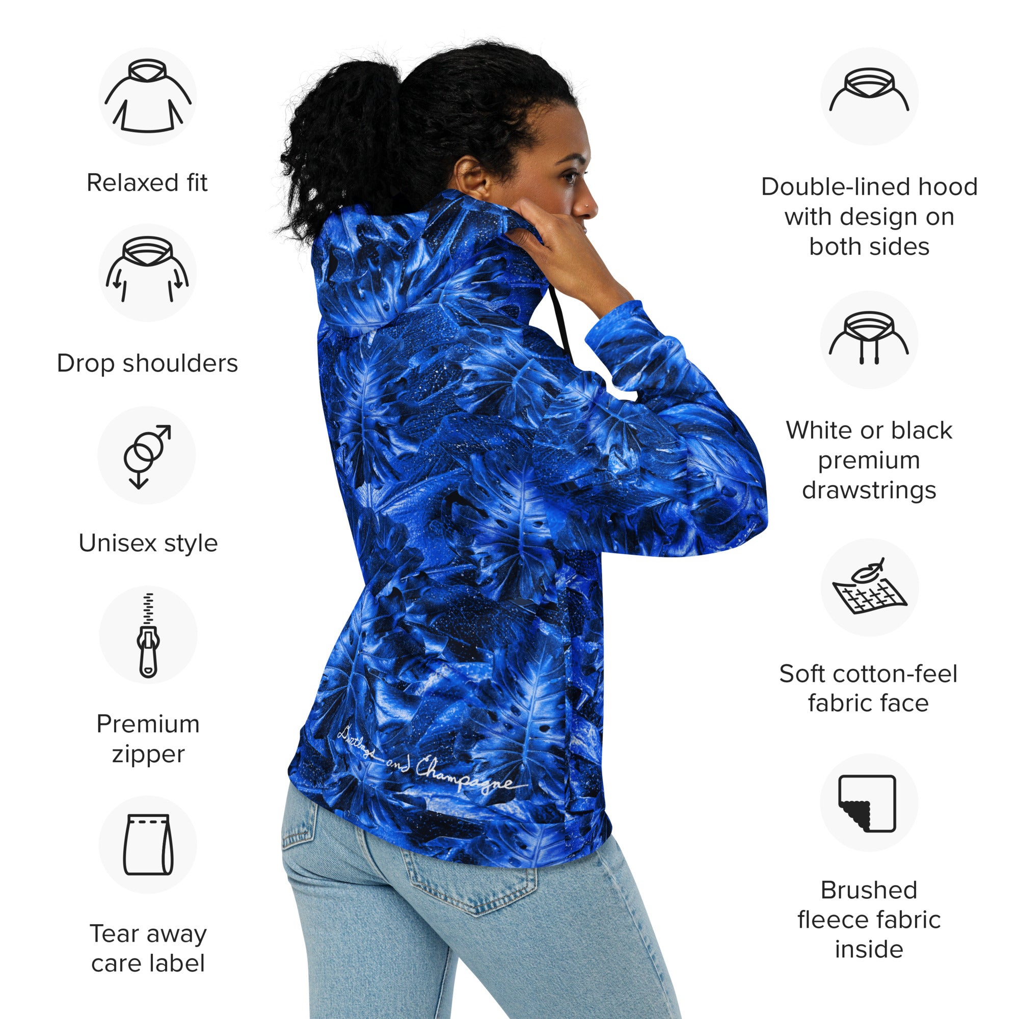 blue monstera with lightning cloud in the hood Unisex zip hoodie