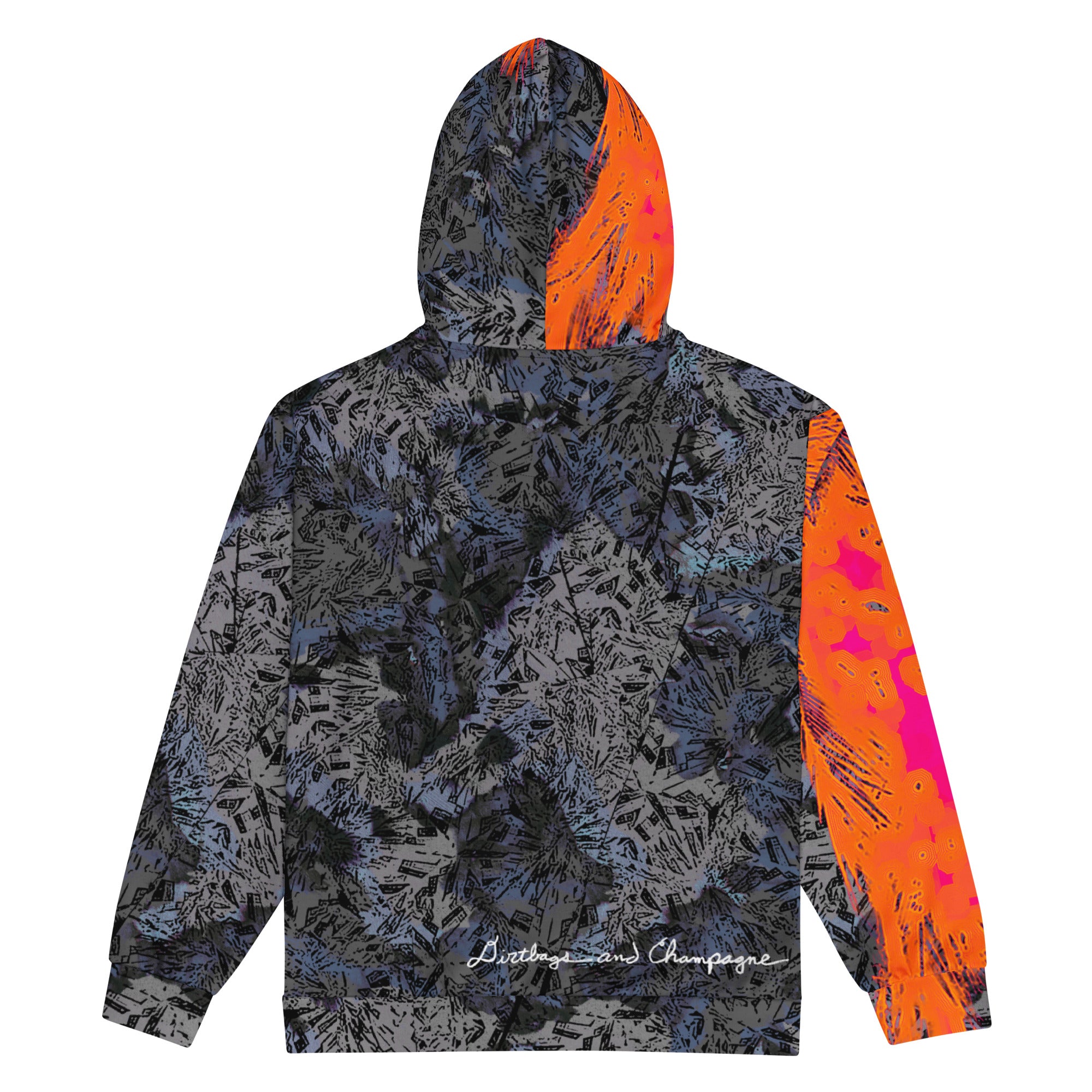 neon palm on grey and black diamond with some blue lines moon man in hood Unisex zip hoodie