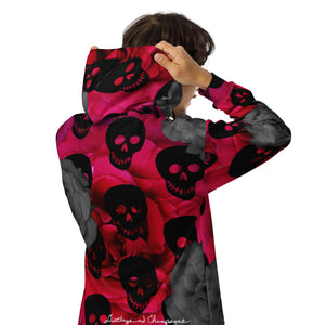 black skulls, magenta and black and white roses Unisex zip hoodie