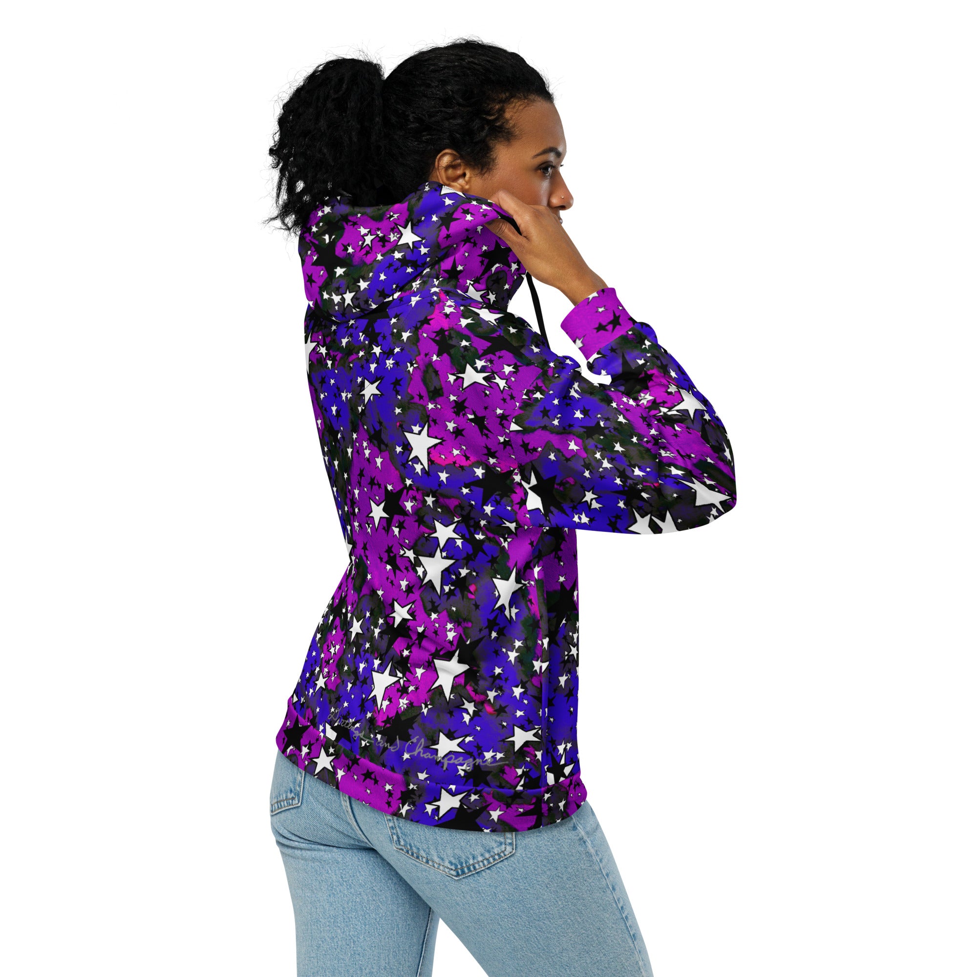 Daphne black and white stars, moon man in hood Unisex zip hoodie