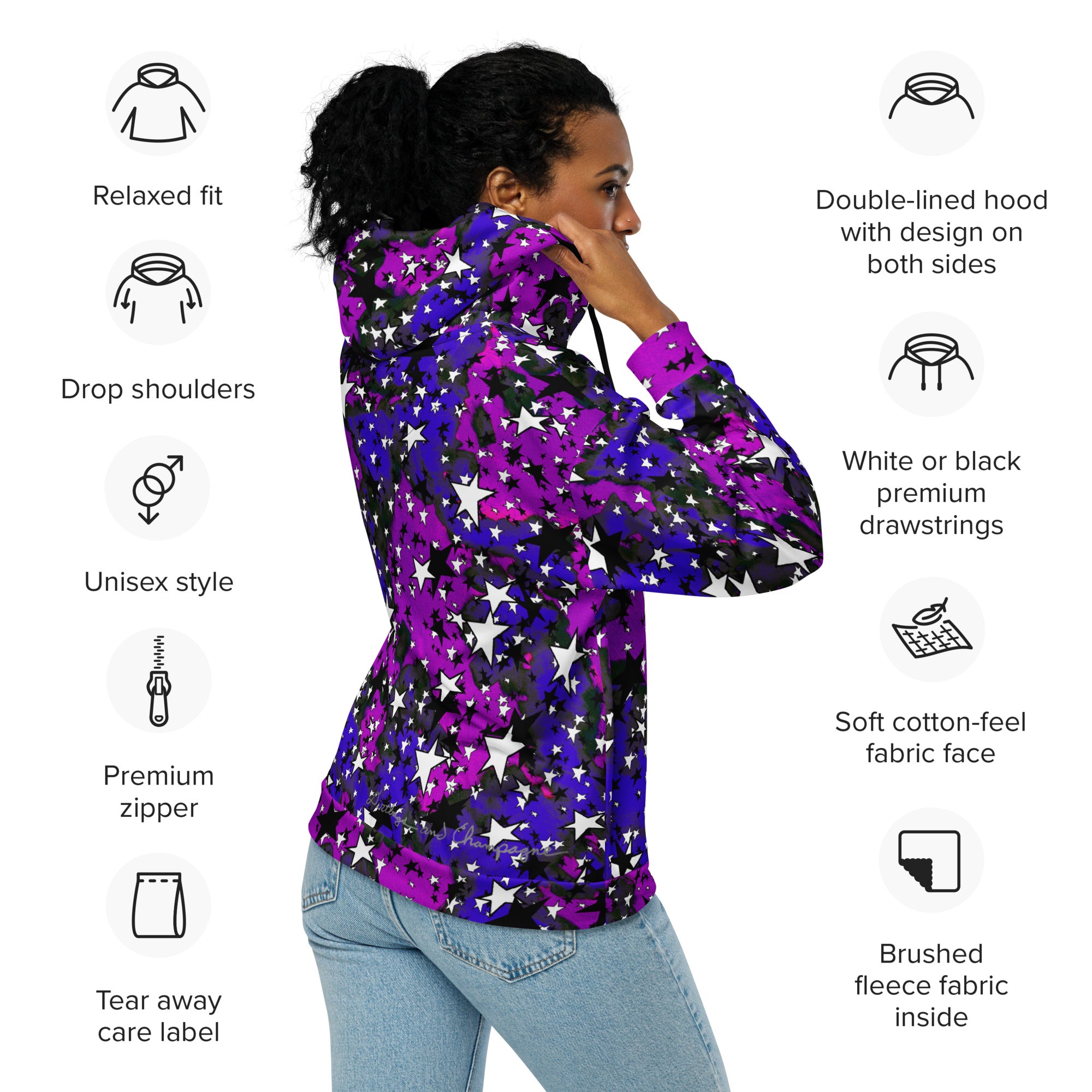 Daphne black and white stars, moon man in hood Unisex zip hoodie