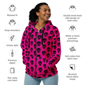 Pink! Black Skulls Unisex 95% recycled zip hoodie
