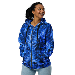 blue monstera with lightning cloud in the hood Unisex zip hoodie