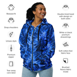 blue monstera with lightning cloud in the hood Unisex zip hoodie