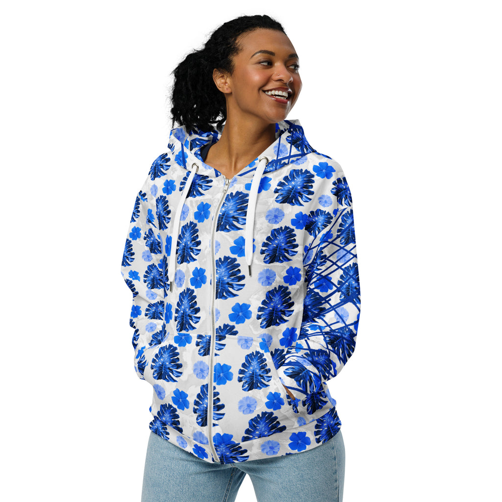 blue flower and leaf pattern with blue lines Unisex zip hoodie