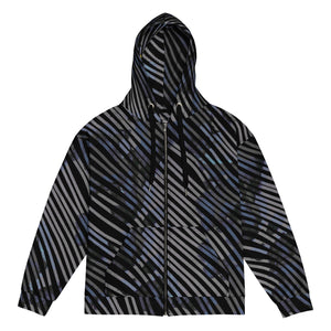 grey camo with wavy black lines, bird in hood Unisex zip hoodie