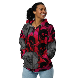 black skulls, magenta and black and white roses Unisex zip hoodie