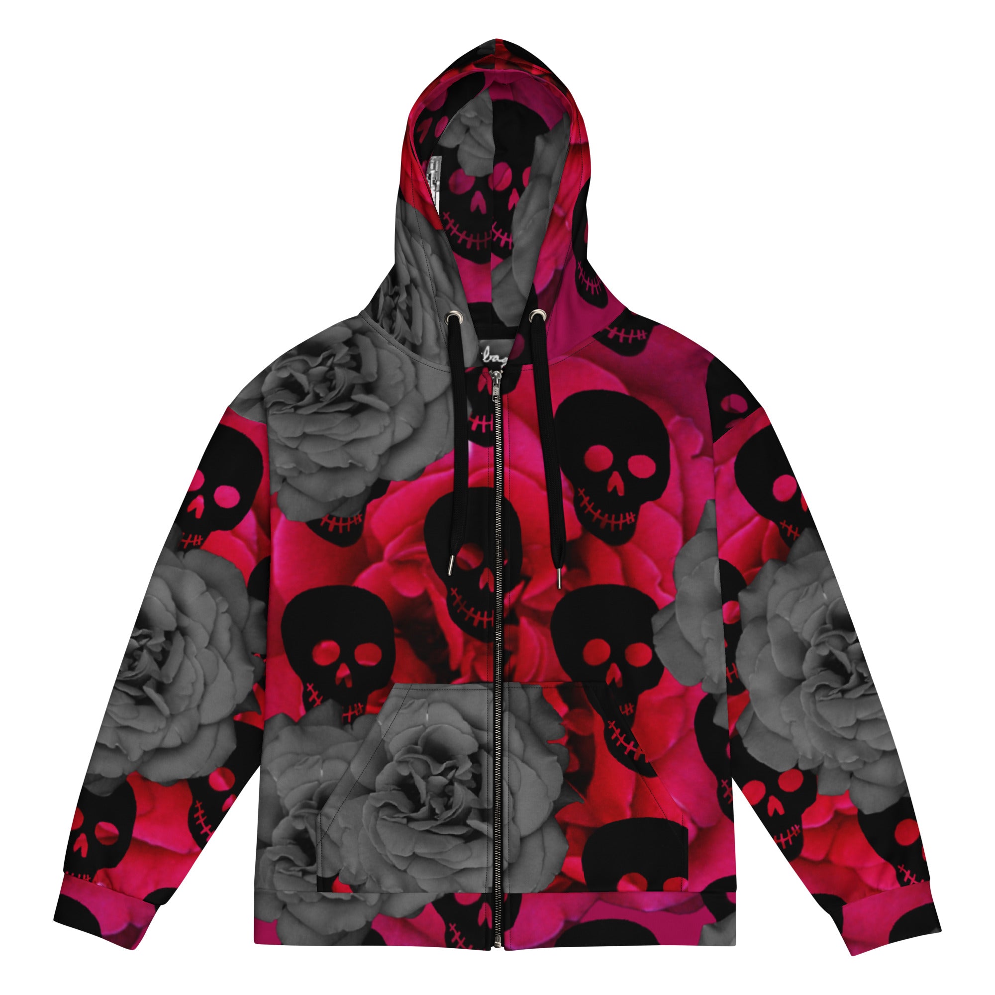 black skulls, magenta and black and white roses Unisex zip hoodie