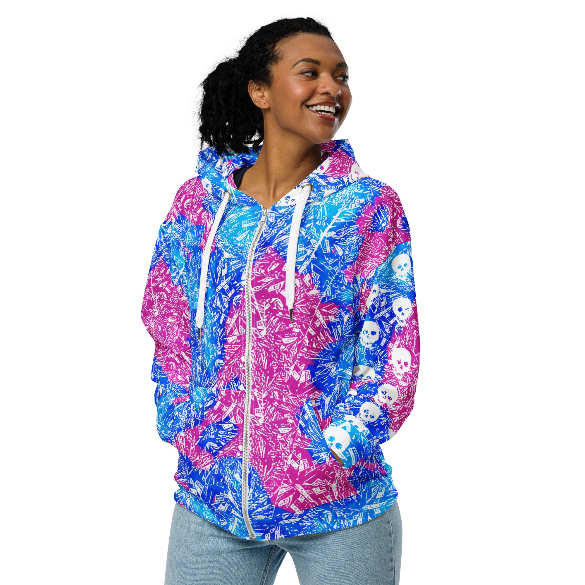 cerulean magenta diamond, skull sleeve and hood Unisex Zip Hoodie