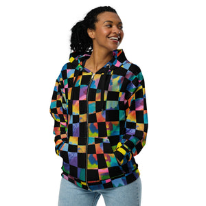 black and rainbow checkered Unisex zip hoodie