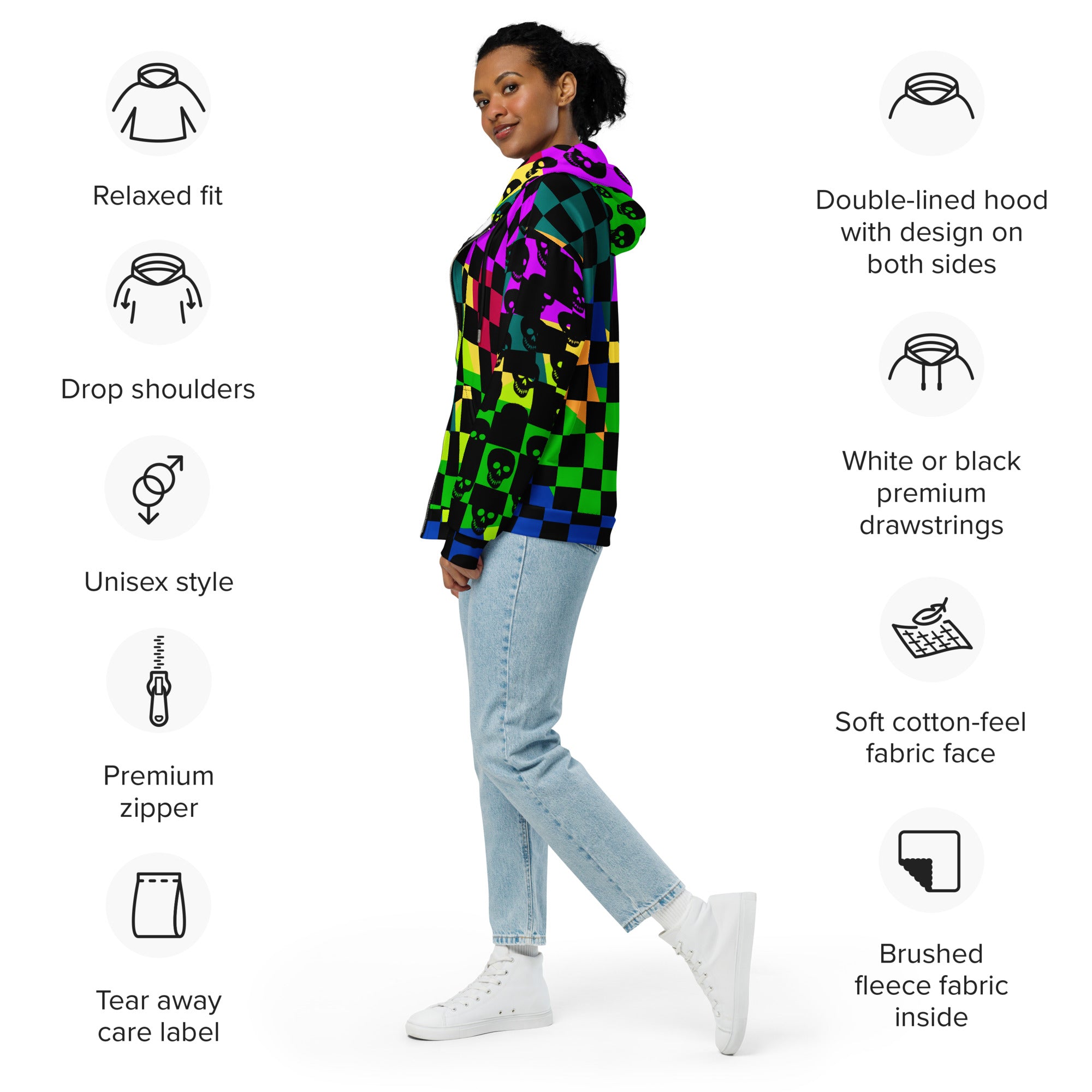Multicolor black checkered skull recycled Unisex zip hoodie