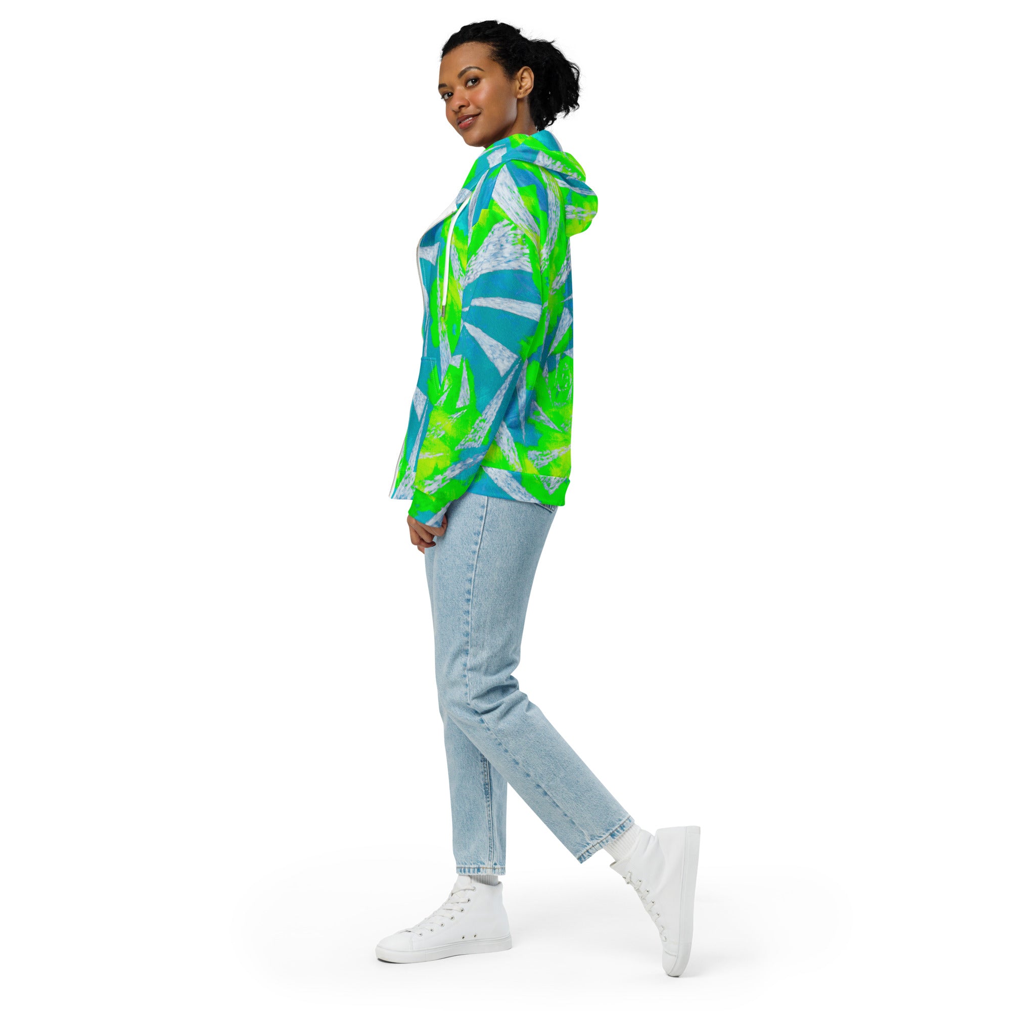 blue green and white spiral Unisex 95% recycled zip hoodie