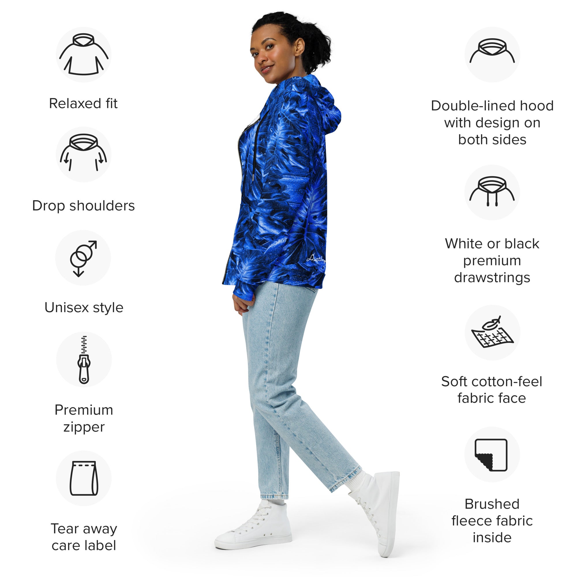 blue monstera with lightning cloud in the hood Unisex zip hoodie