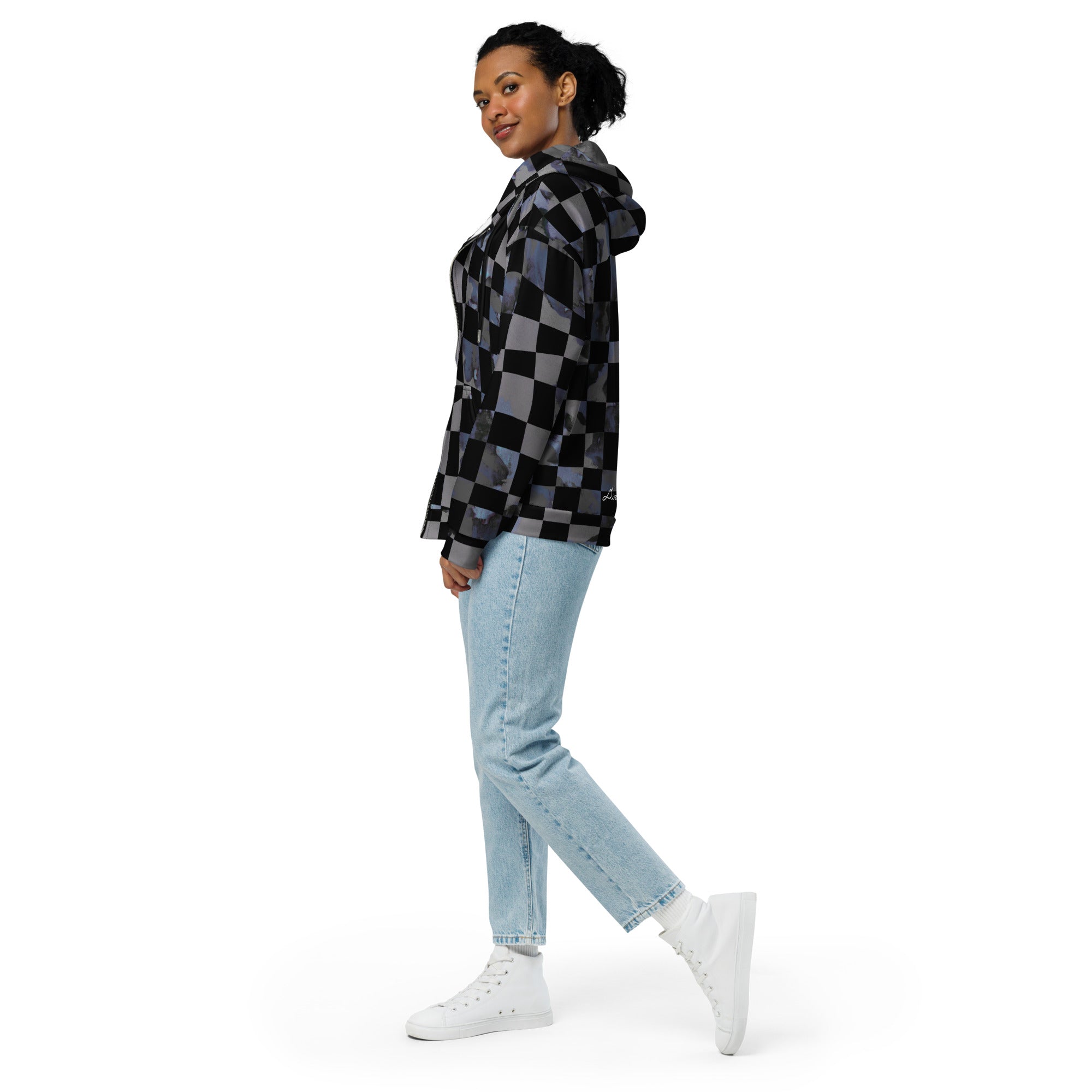 grey and black checkered Unisex zip hoodie