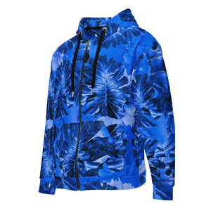 blue flower and leaves with lightning bolt in hood Unisex zip hoodie