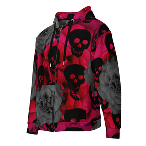 black skulls, magenta and black and white roses Unisex zip hoodie