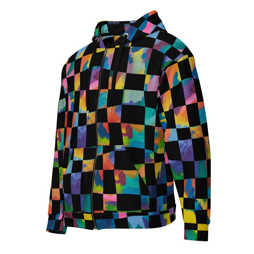 black and rainbow checkered Unisex zip hoodie