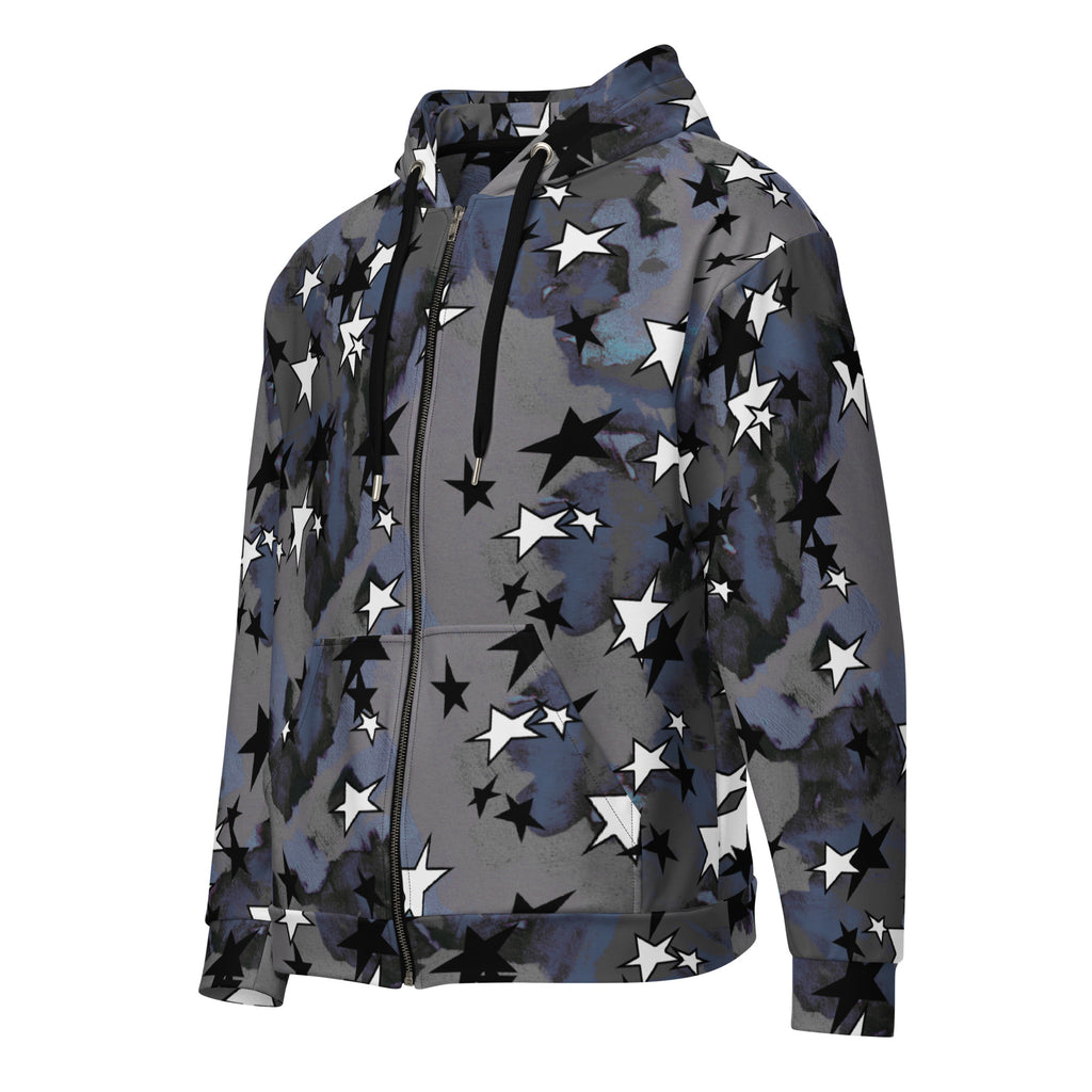 black and white stars on painted grey camo, maize and blue tiger in hood Unisex zip hoodie