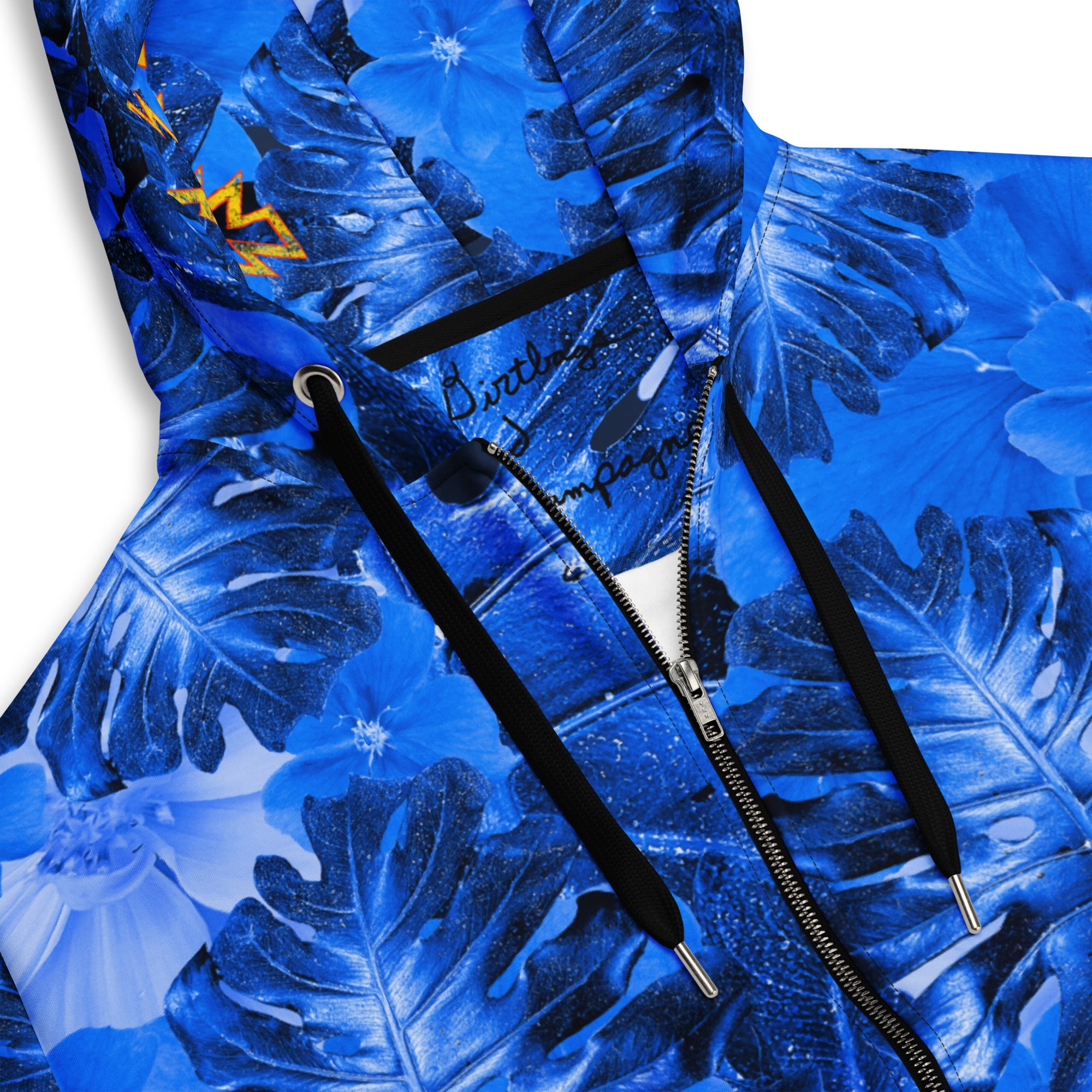 blue flower and leaves with lightning bolt in hood Unisex zip hoodie