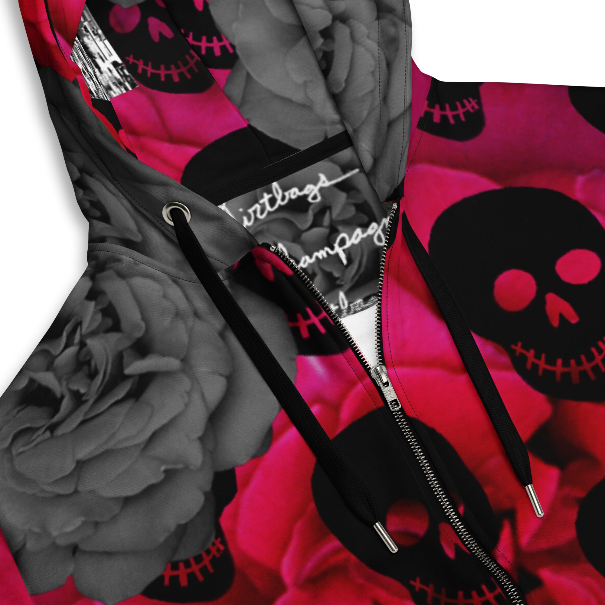 black skulls, magenta and black and white roses Unisex zip hoodie