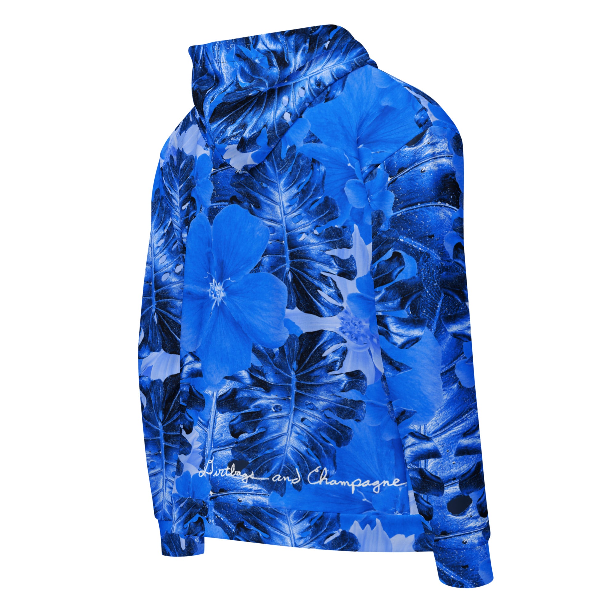 blue flower and leaves with lightning bolt in hood Unisex zip hoodie