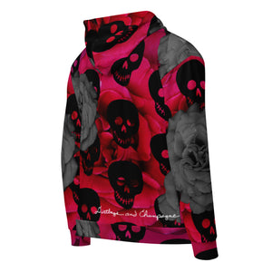 black skulls, magenta and black and white roses Unisex zip hoodie