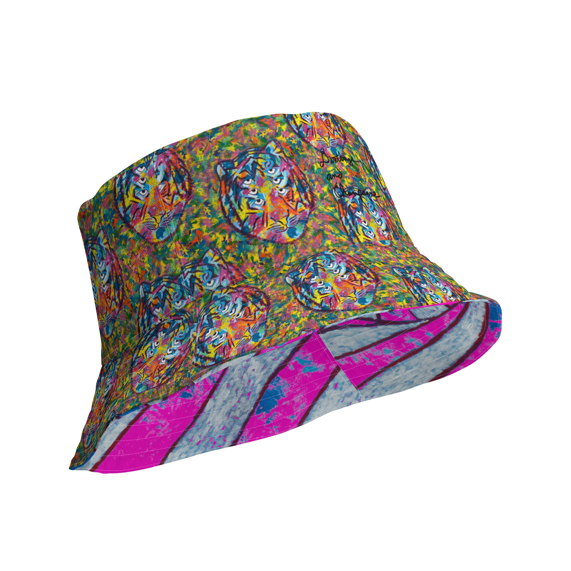 rainbow 6 eyed tiger on team camo/ magenta blue spiral Reversible bucket hat