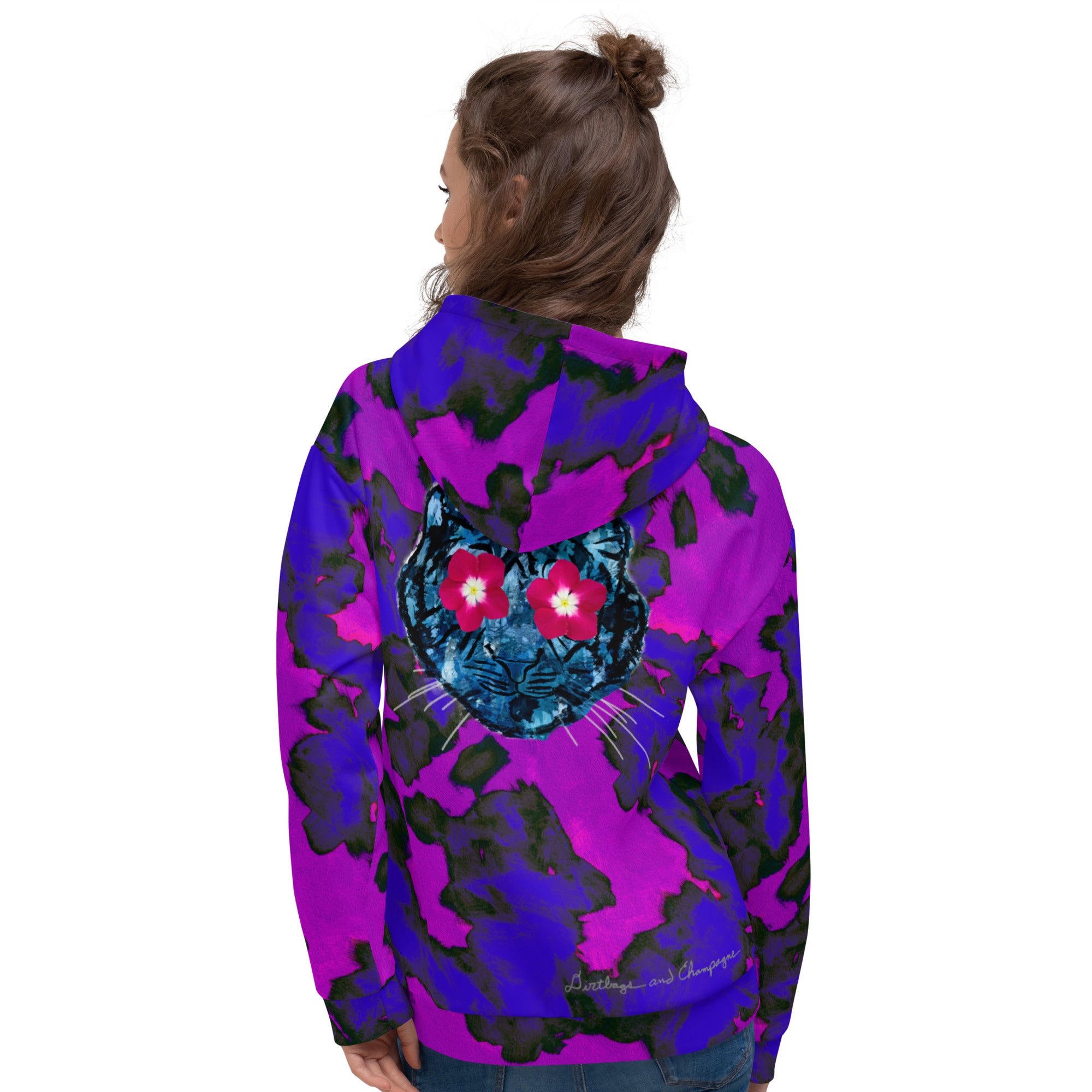 flower eyed blue tiger with a yellow birdie in the hood, painted Daphne Unisex Hoodie