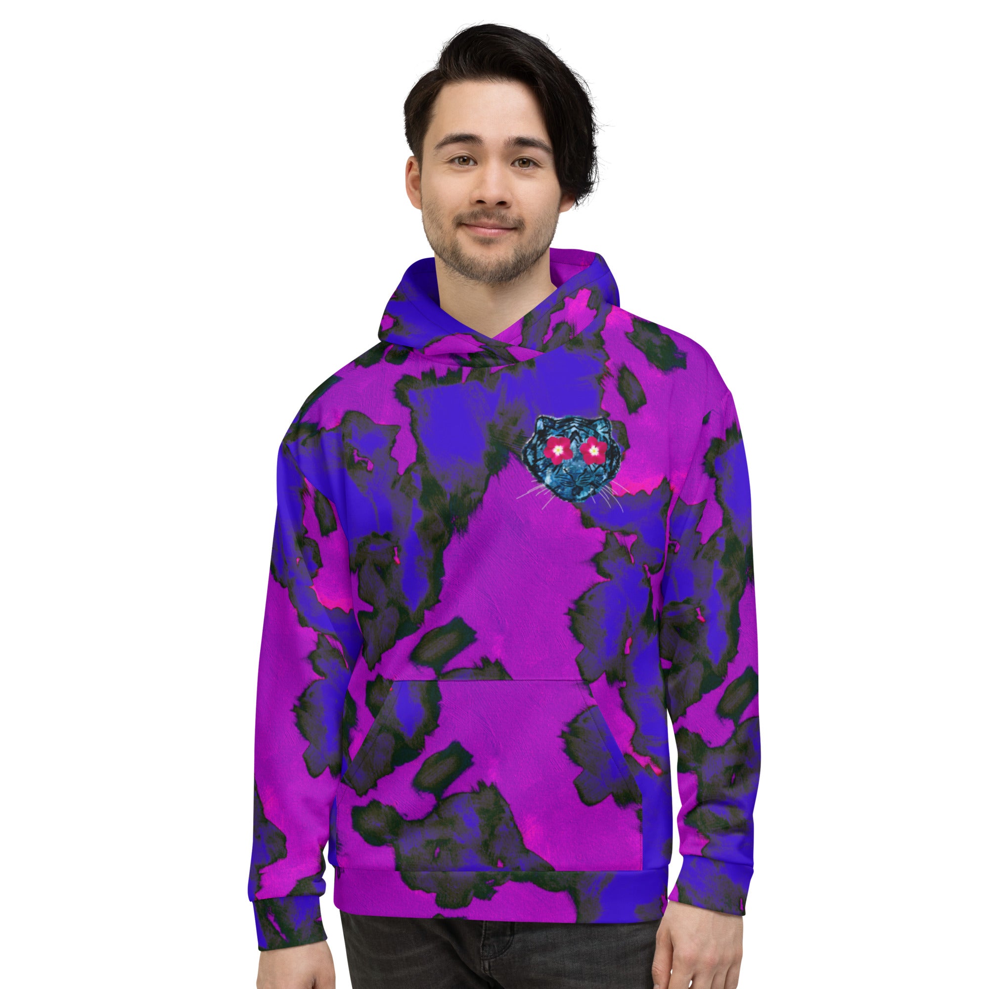 flower eyed blue tiger with a yellow birdie in the hood, painted Daphne Unisex Hoodie