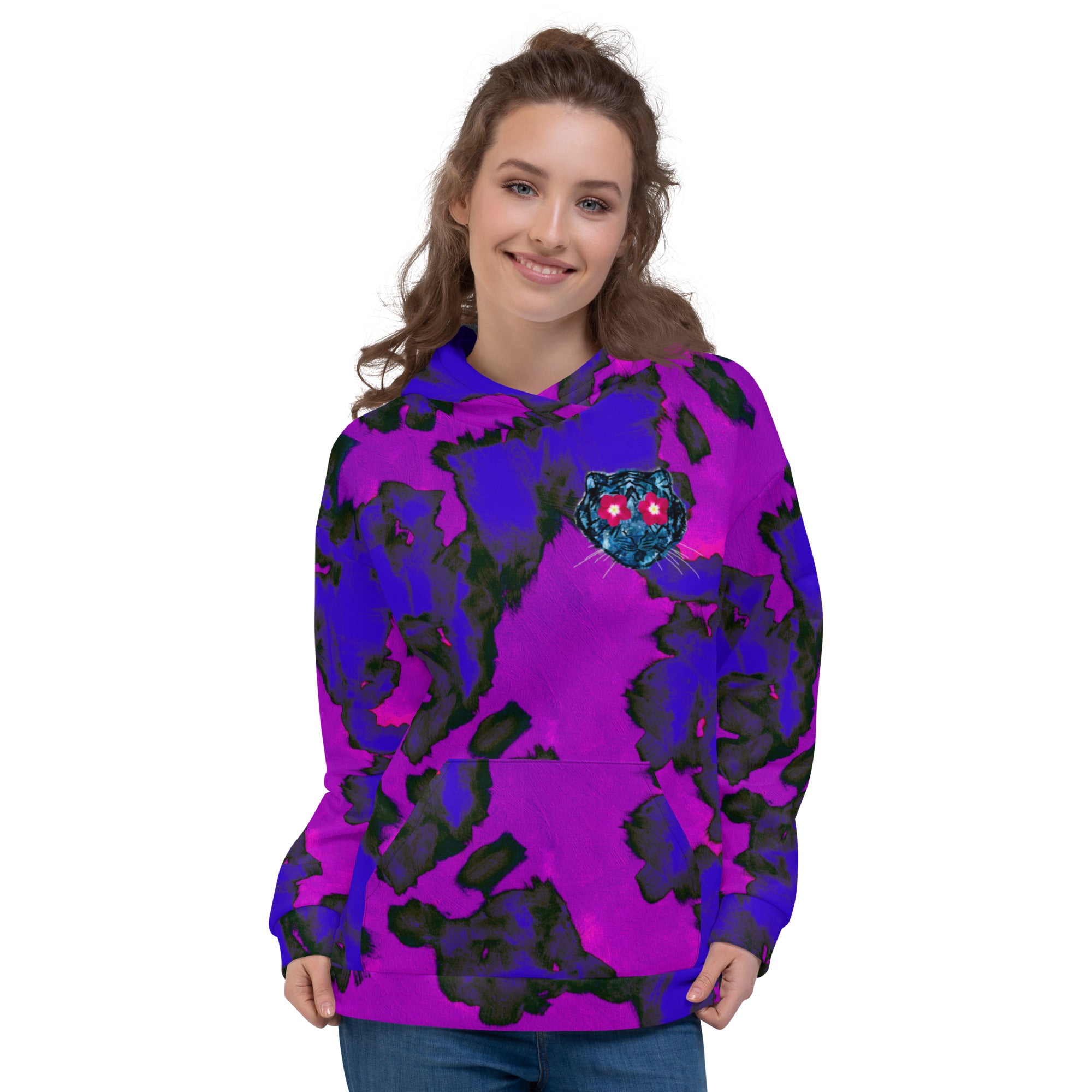flower eyed blue tiger with a yellow birdie in the hood, painted Daphne Unisex Hoodie