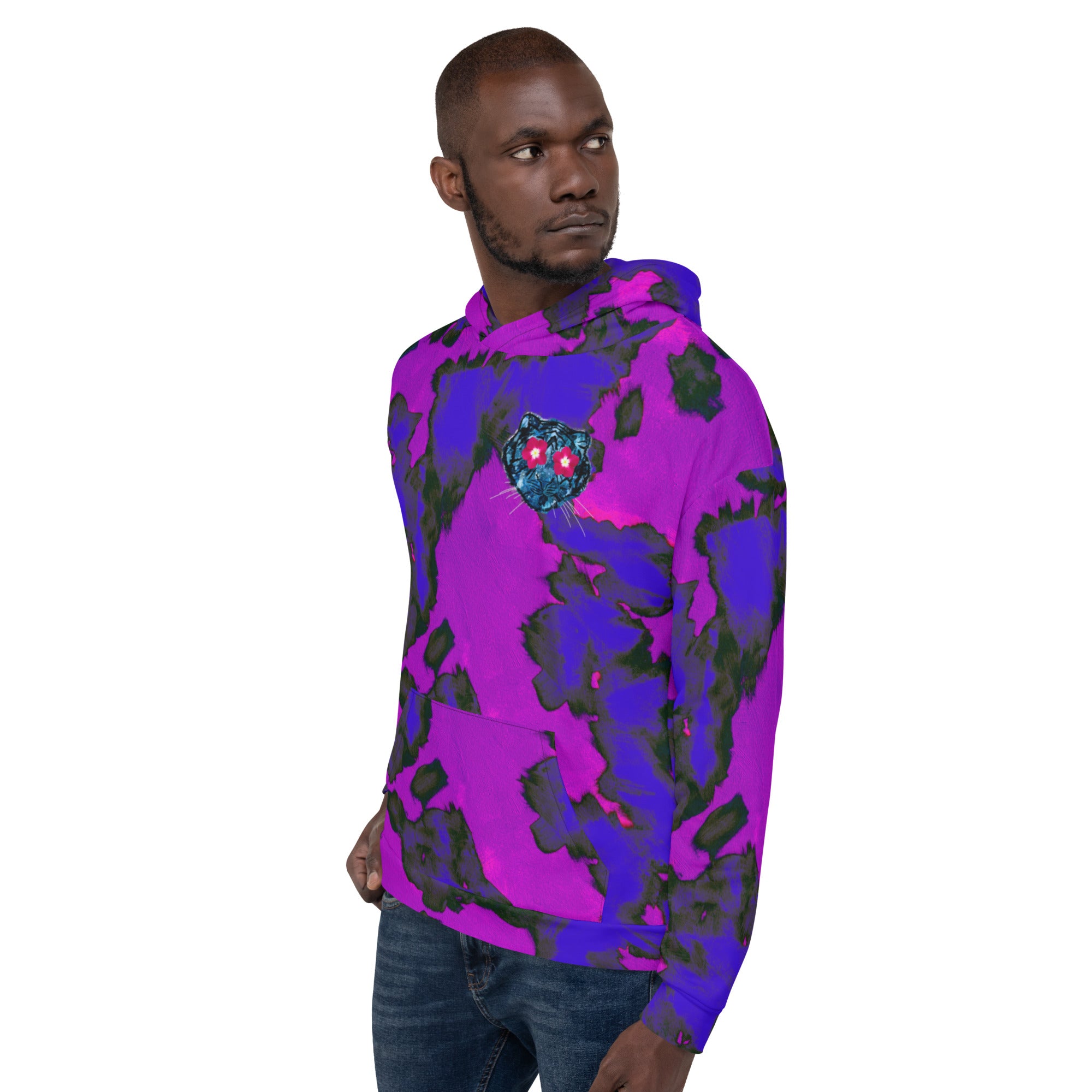 flower eyed blue tiger with a yellow birdie in the hood, painted Daphne Unisex Hoodie