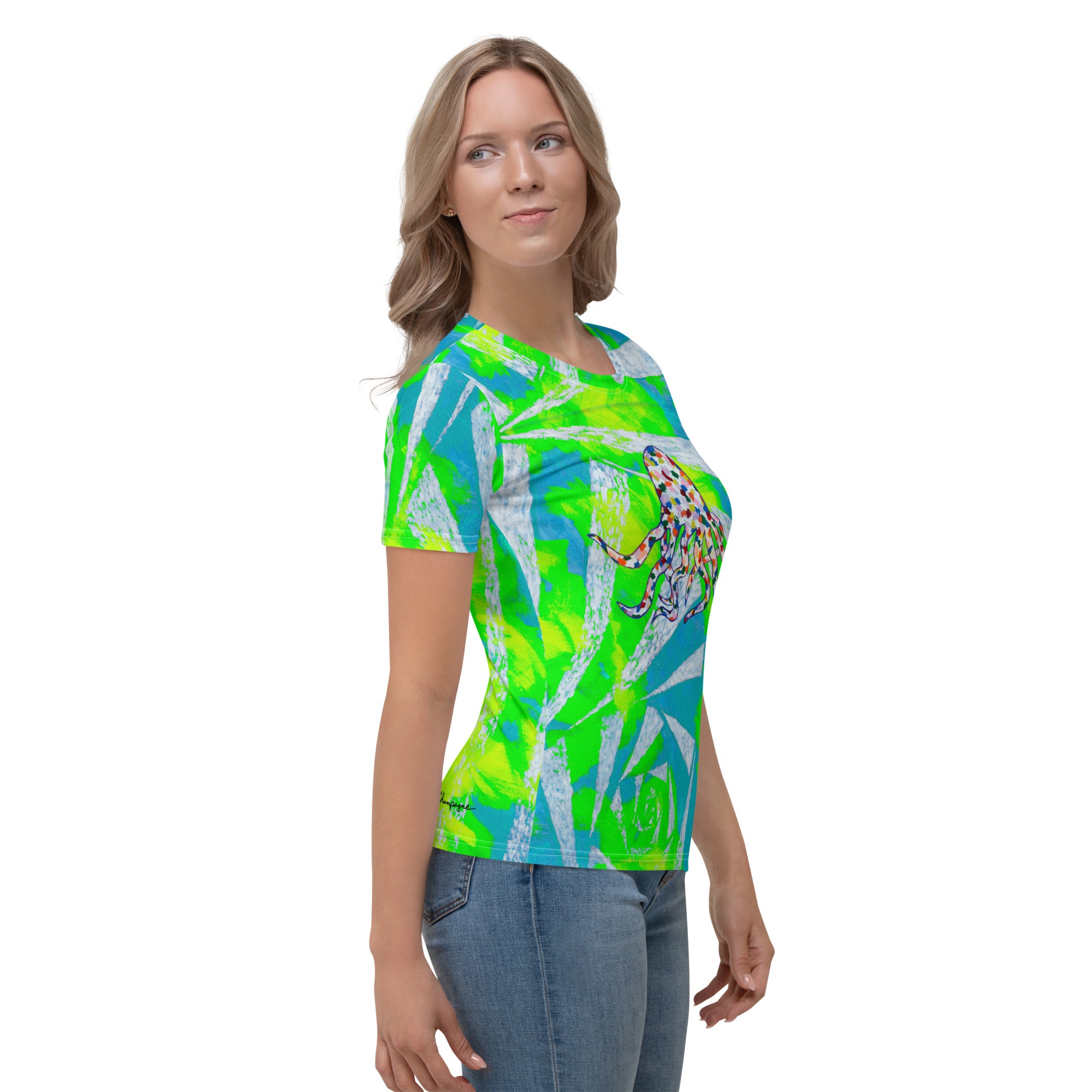rainbow octopus on green and white spiral Women's T-shirt