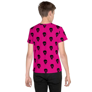 Pink! Black Skulls Youth crew neck t-shirt