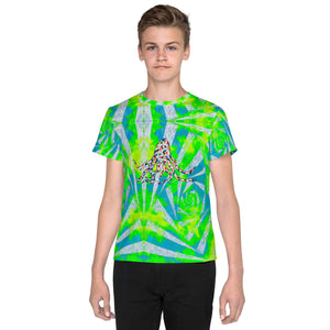 Rainbow octopus on green and white Youth crew neck t-shirt