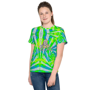 Rainbow octopus on green and white Youth crew neck t-shirt