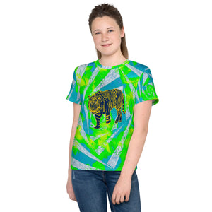 Bluegreen and white spiral with yellow and blue tiger Youth crew neck t-shirt