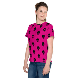 Pink! Black Skulls Youth crew neck t-shirt