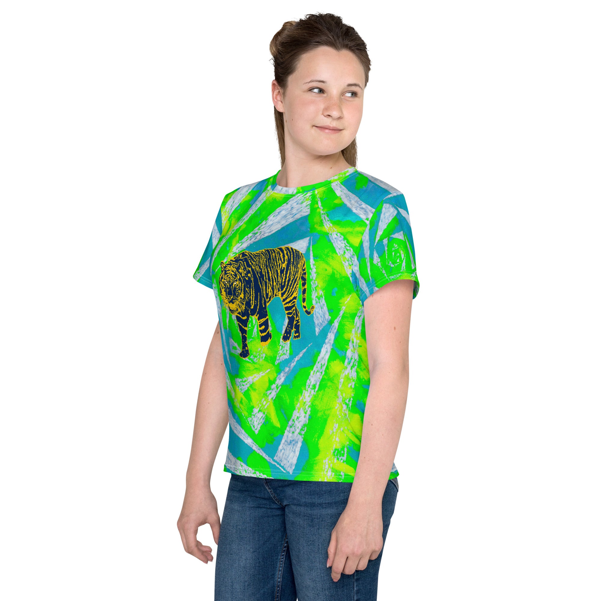Bluegreen and white spiral with yellow and blue tiger Youth crew neck t-shirt